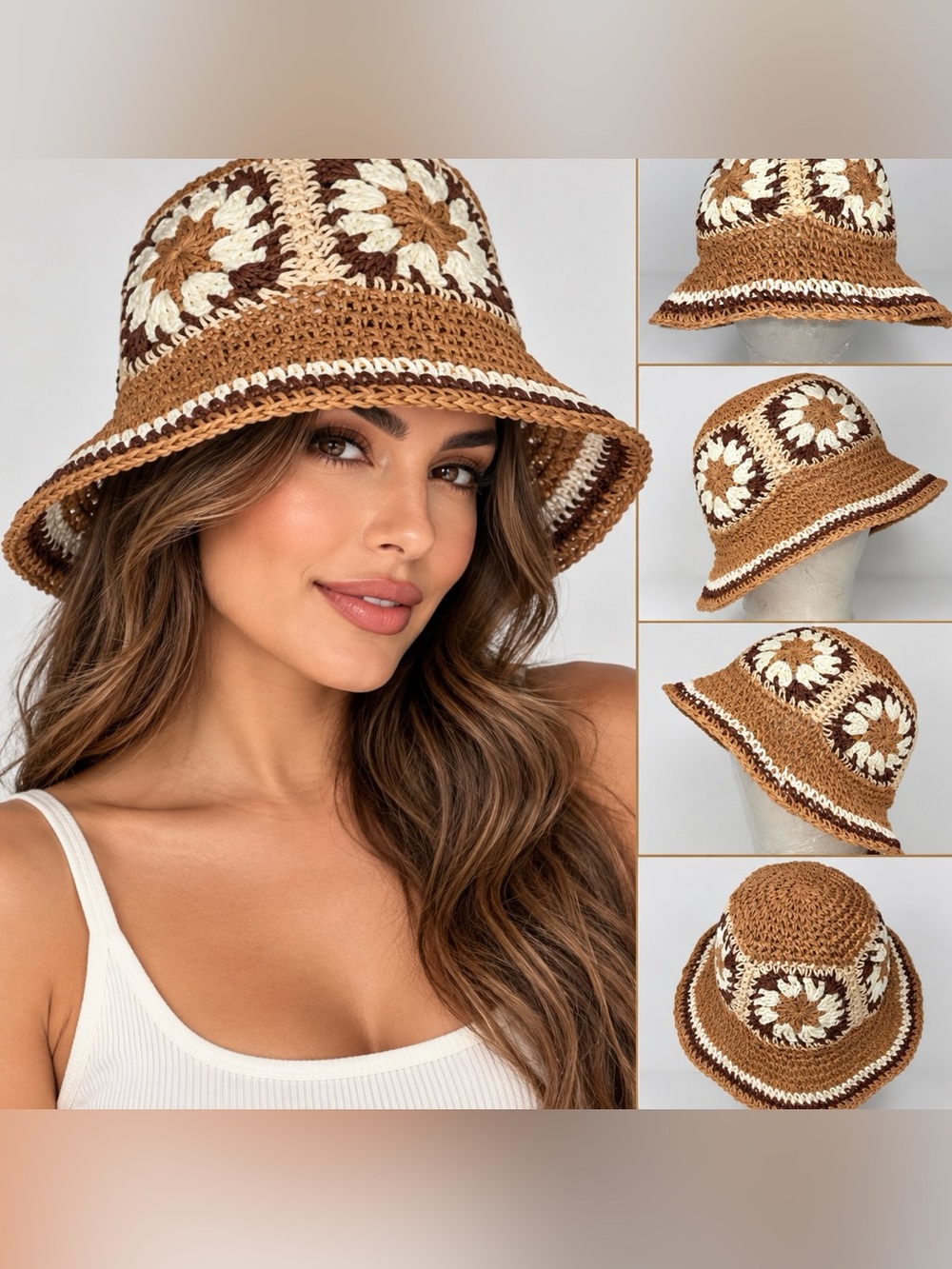 Boho Crochet
Straw Bucket Hat-Floral
Granny Square Sun Hat Brown/Cream Like New
